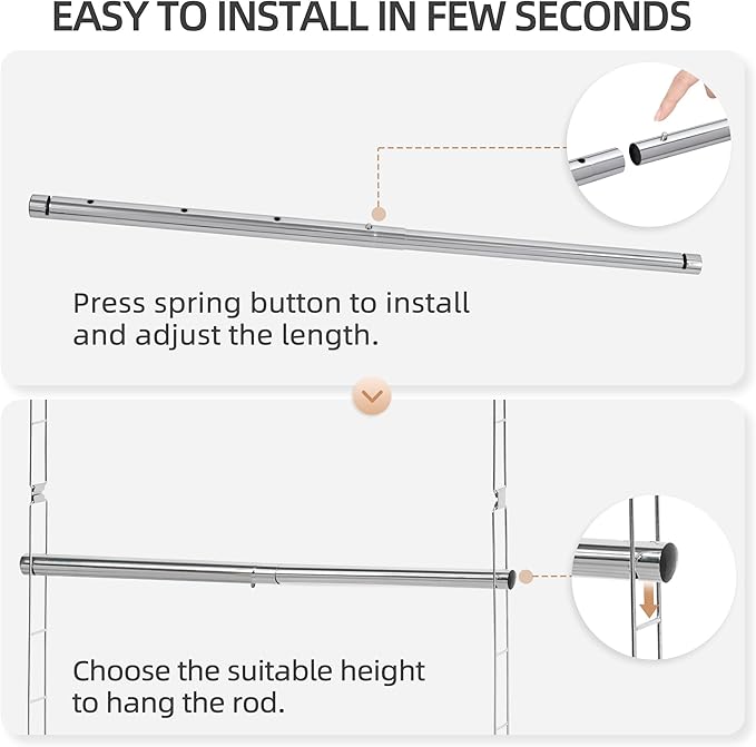 STORAGE MANIAC Hanging Closet Rod, Adjustable Width and Height Closet Hanging Organizer, Space-Saving Clothes Hanging Bar, Cl