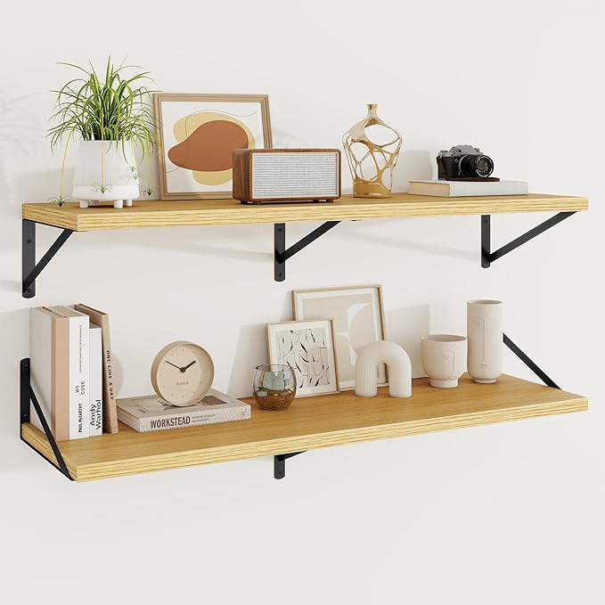 Floating Shelves, 48W x 12D Wall Shelves Set of 2, 12 Inch Deep Rustic Wood Wall Storage, Heavy Duty Metal Brackets, Large In