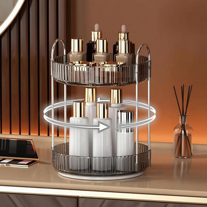 YCIA&DONE 360 Rotating Makeup Organizer and Storage for Vanity Countertop 2 Tiers, High Capacity Cosmetic Skincare Perfume Or