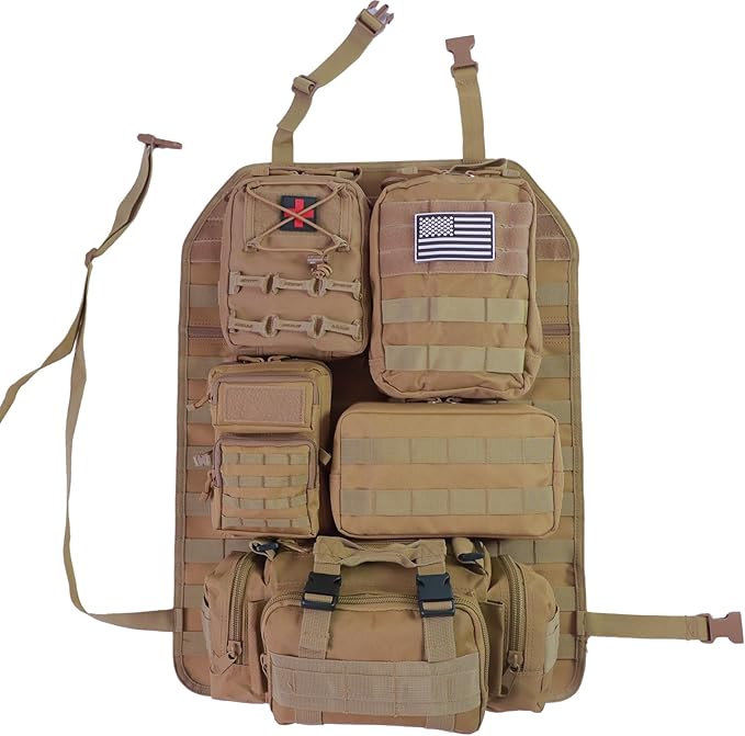 Universal Tactical Car Seat Back Organizer Bag Tactical Molle Vehicle Organizers Panel Vehicle Protector Organizers with 5 Detachable Pouches for Car Truck Ford Jeep (Model A-Khaki)