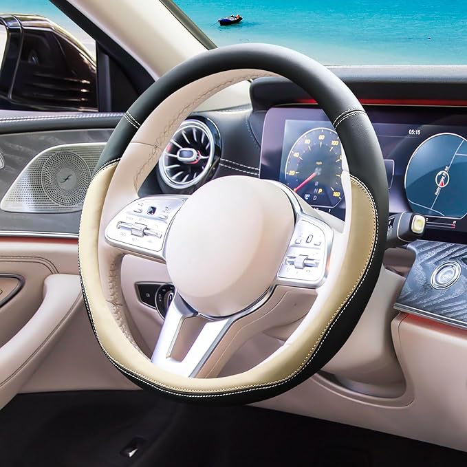 Beige Car Steering Wheel Cover, Nappa Leather, Bottom Color Blocking, Universal 14.5-15 Inch Leather Anti-Slip Breathable Aut