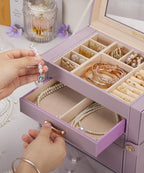 Enthralite Jewelry Box with 3 Drawers: Display Organizer for Earrings Necklaces - Gifts for Girls Women (Grey Purple)