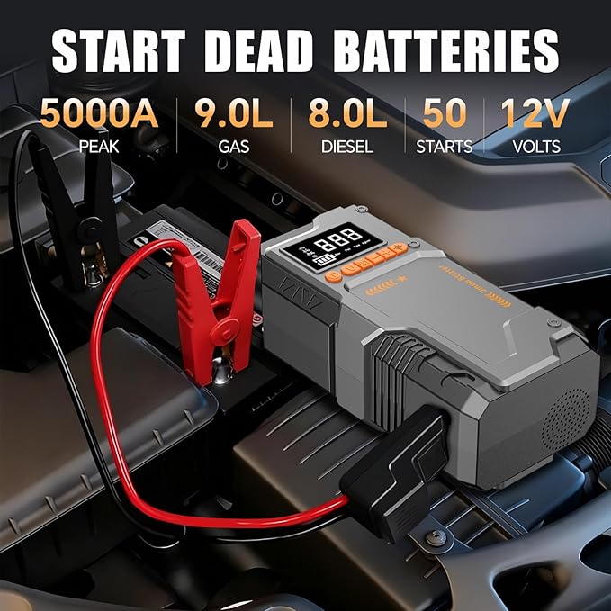 Jump Starter with Air Compressor, 5000A Battery Jumper Starter Portable (9.0 Gas/8.0L Diesel),150 PSI Tire Inflator, 12V