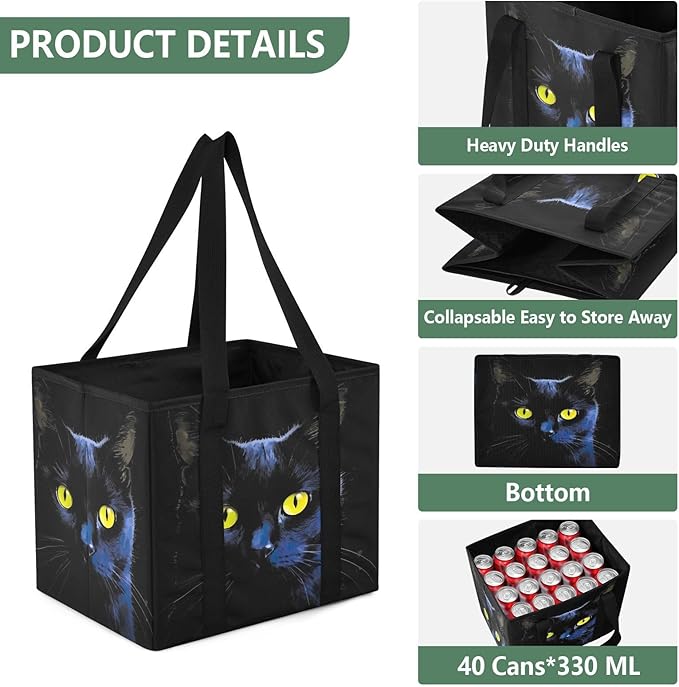 Black Cat Reusable Grocery Bags Large Shopping Tote Bag with Reinforced Bottom Board, Water Resistant Foldable Storage Bags f