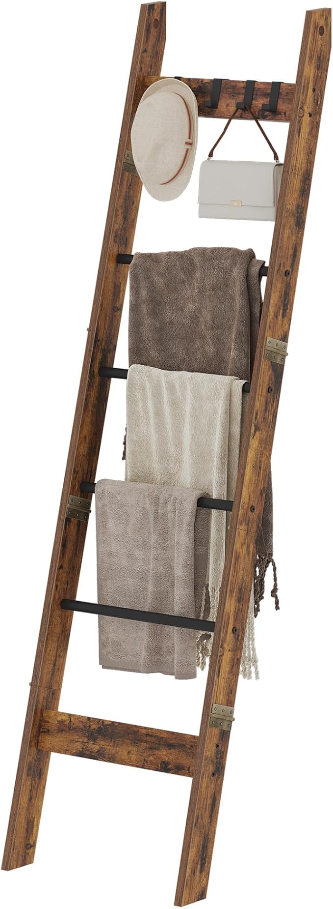 Hzuaneri Blanket Ladder for Living Room, Decorative Quilt Rack with 4 Removable Hooks, 5-Tier Farmhouse Ladder Holder Shelf O