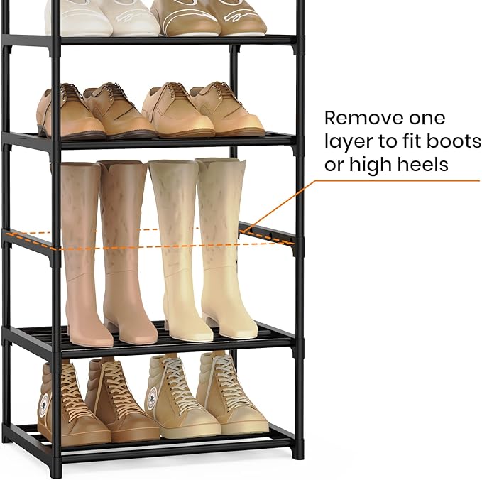 Narrow Shoe Rack 10 Tiers Tall Shoe Rack for Entryway 20 24 Pairs Shoe & Boots Organizer Storage Shelf Durable Black Metal St