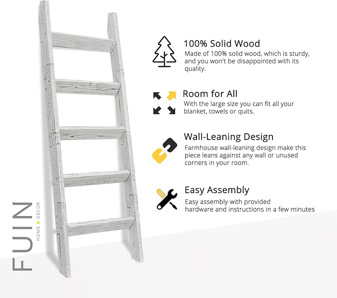FUIN 5ft Wood Blanket Ladder Living Room Decorative Wall Leaning Farmhouse Quilt Display Holder Storage Wooden Towel Rack for
