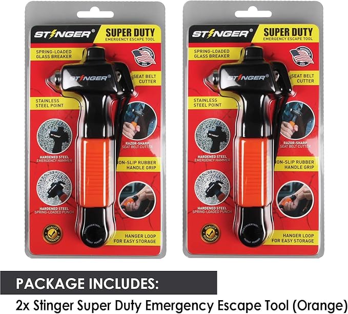 Stinger Super Duty Car Emergency Escape Tool, Hardened Carbon Steel Vehicle Safety Hammer, Spring Loaded Window Breaker, Razo