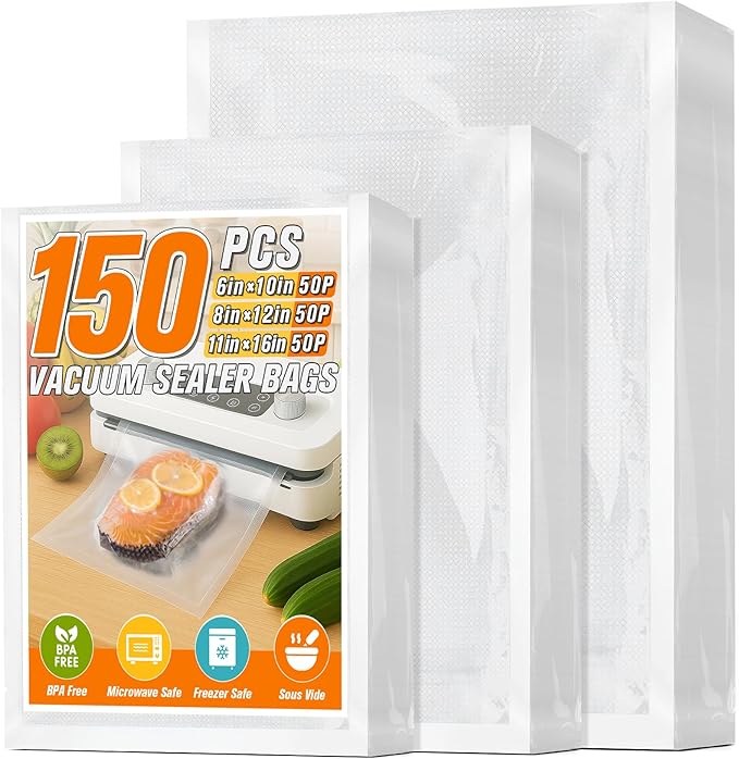 FUNFERY Precut Vacuum Sealer Bags for Food, 150 Pint 6" x 10" and Quart 8" x 12" and Gallon 11" x 16", Food Long-Term Storage