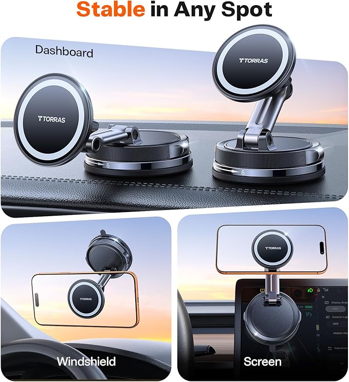 TORRAS 2026 Vacuum for Magsafe Car Mount【98+LBS Strongest Suction & Ultra Magnet】 Magnetic Phone Holders for Your Car, 360° Adjustable Car Phone Holder Mount for iPhone 17 Pro Max 16 15 14 13 12