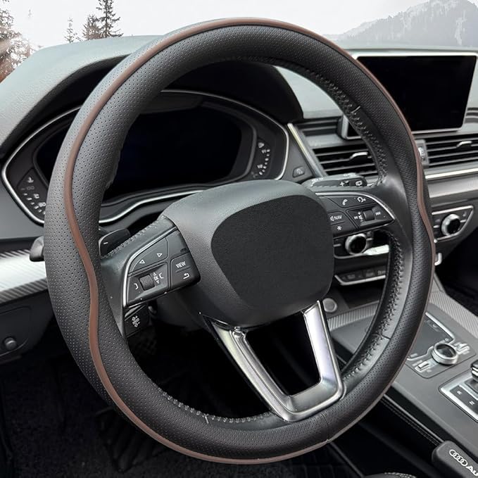 HAOTULE Leather Steering Wheel Cover， with Anti-Slip Stripe Design - Enhanced Grip, Fashion Style, Safe, Non-Slip, Breathable