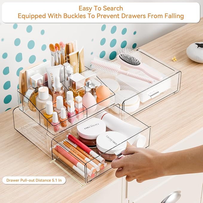 Yieach 3 Tier Clear Acrylic Makeup Organizers with Drawers,Tiered Countertop Make up Storage Organizer for Dresser Top and Ba
