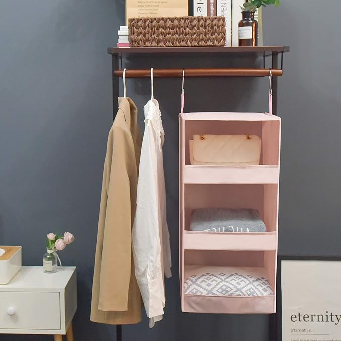 GRANNY SAYS 3-Shelf Hanging Closet Organizer, Collapsible Closet Hanging Shelves, Nursery Hanging Organizer, Pink, 29 ½" H X 