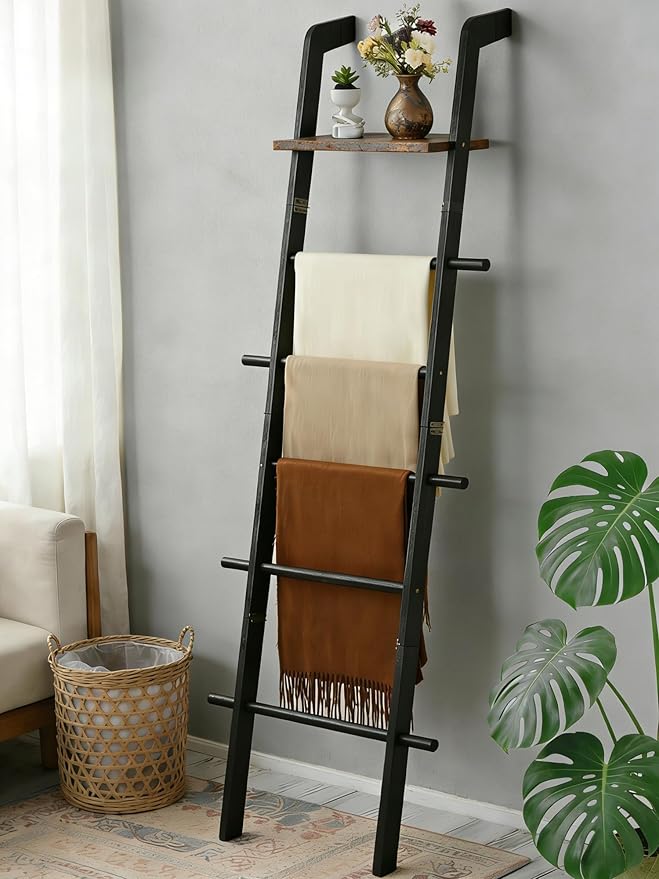 Taozun Black Blanket Ladder with Shelf for Living Room, 67-Inch Wooden 5-Tier Farmhouse Towels and Quilt Rack Decor - Wall Le
