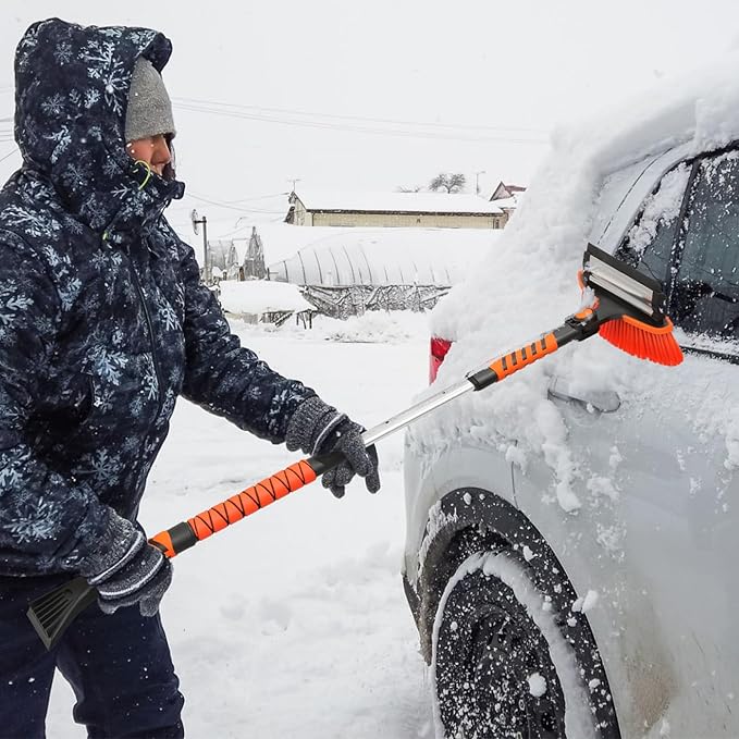 41.5" Extendable Ice Scraper and Brush for Car Windshield, 4 in 1 Snow Shovel Snow Brush Scraper Kit with Foam Grip and 180° Pivoting Brush Head, for Cars, Trucks, SUVs, Vehicle