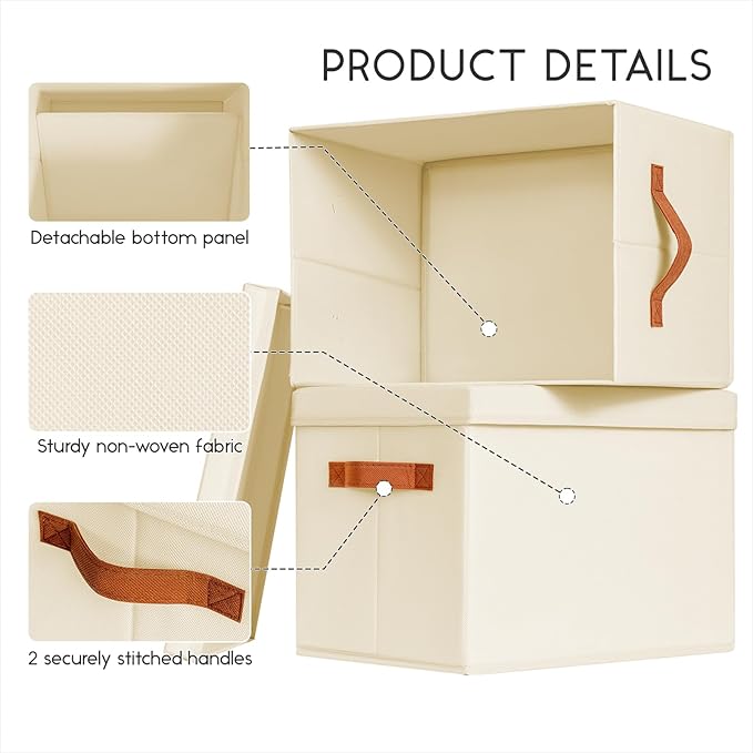 Homsorout Storage Bins with Lids - Fabric Storage Baskets for Shelves, 4 Pack Foldable Decorative Boxes with Handles, Stackab