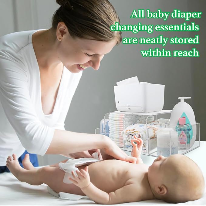NANYEZH Acrylic Diaper Caddy, Baby Wipes Organizer for Changing Table, Dresser Top Tabletop Organizer with 4 Detachable Compa