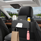 7-In-1 Car Seat Back Organizer with Cup Holders, Tissue Box, Removable Trash Can & Hooks, Multifunctional Car Seat Back Storage Box, Extra Headrest Cup Holder for Backseat (Black02)