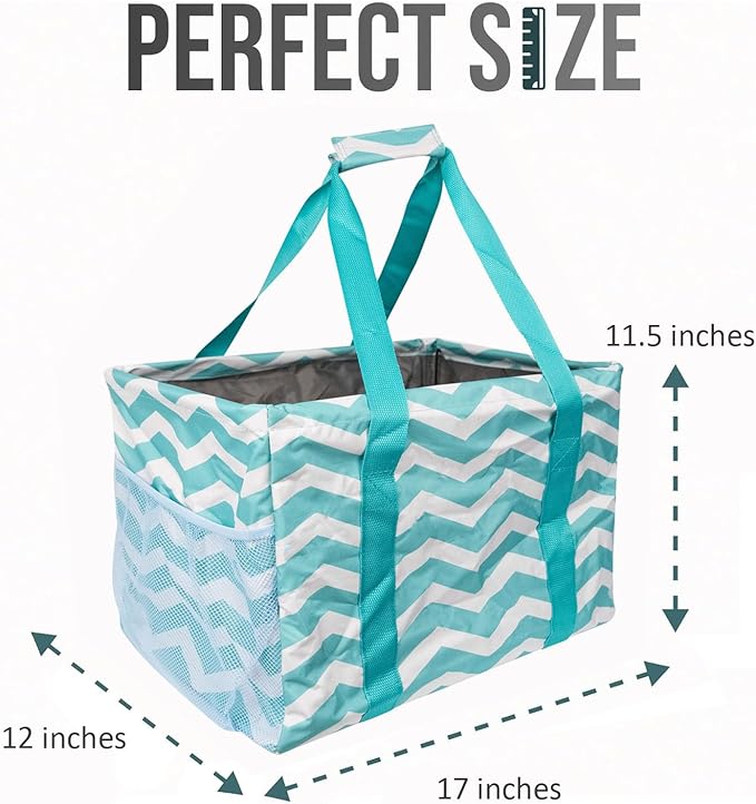 Extra Large Utility Tote Bag - Oversized Collapsible Tote with Wire Frame, Durable Reusable for Beach, Groceries, Laundry, Car Trunk, Storage and Travel - Includes 5x7 Bag with Hook - Chevron Teal