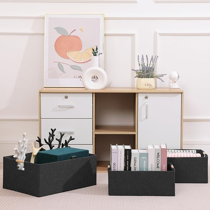 ANMINY 2PCS Storage Baskets for Organizing Collapsible Fabric Storage Bins Boxes with Wood Handles Closet Shelves Cube Organi