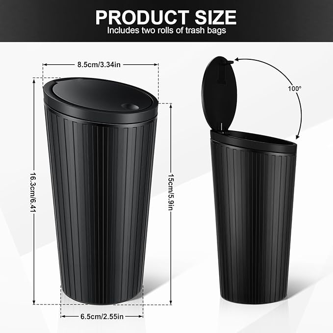SINGARO 2PCS Car Trash Can with Lid, Leakproof Mini Garbage Bin for Car Cup Holder, Small Trash Can for Vehicle, Home & Office - Includes 60 Bags, Easy Clean (Black)