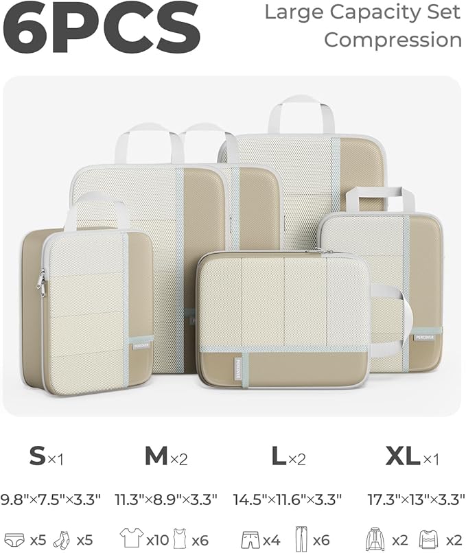 Percover Compression Packing Cubes 6-Piece Set, Packing Cubes Compression for Travel with Multi-Size Organization, Travel Org