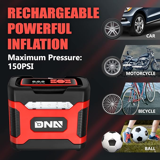 ‎DNA Motoring TOOLS-00210 Red 12V DC Digital Tire Inflator Portable Air Compressor with Pressure Gauge for Cars, Bicycles, Motorcycles,Balls