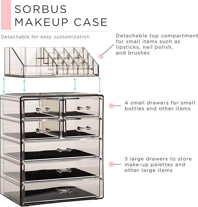 Sorbus Acrylic Makeup Organizer Set, 7-Drawer Vanity & Countertop Cosmetic Storage with Small & Wide Compartments, Black-Tint