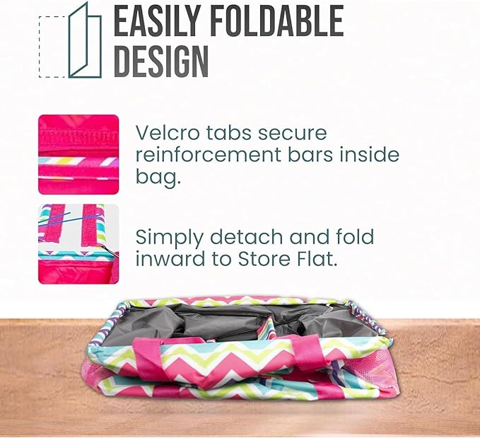 Extra Large Utility Tote Bag - Oversized Collapsible Tote with Wire Frame, Durable Reusable for Beach, Groceries, Laundry, Car Trunk, Storage and Travel - Includes 5x7 Bag with Hook - Chevron Multi