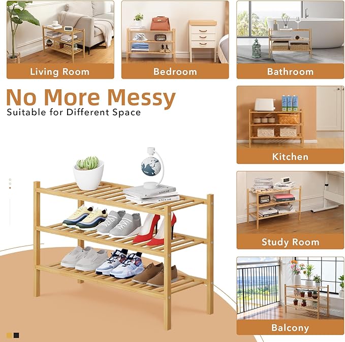 3 Tier Bamboo Shoe Rack Storage Organizer for Closet, Multifunctional Stackable Free Standing Shoe Shelf Organizer for Small 