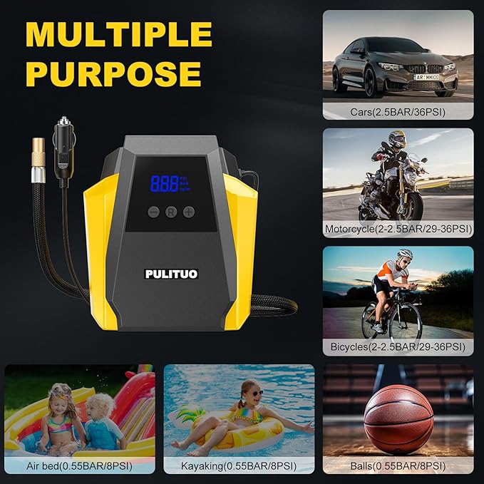 PULITUO Tire Inflator Portable Air Compressor - Car Accessories 12V DC Air Pump for Car Tires with Digital Pressure Gauge, Emergency LED Light for Wheel, Bike, Ball, Motor