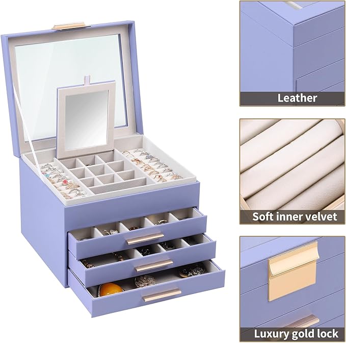 BOOVO Clear Lid Jewelry Box,4 Layers Jewelry Organizer Large Jewelry Storage Box with 3 Drawers,Jewelry Holder Organzier of R