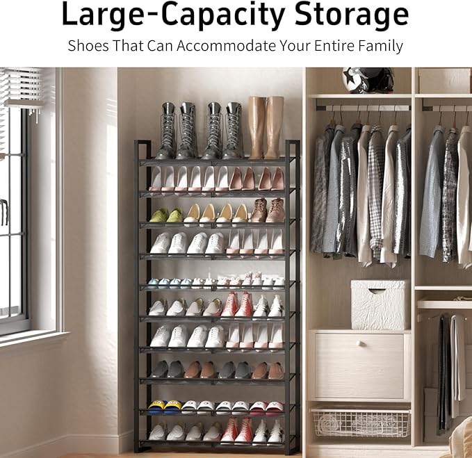 Shoe Rack, 10-Tier Metal Shoe Organizer, Tall Shoe Rack for Closet,entryway,Garage, with Adjustable Flat or Angled Shelves, 4