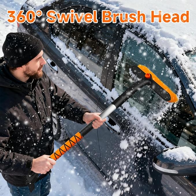 Snow Brush with Ice Scraper, Ice Scrapers, Car Windshieldand Extendable Snow Brush with Foam Grip and 360° Pivoting Brush Head, Detachable Snow Scrapers & Ergonomic Foam Grip for Cars (Orange)