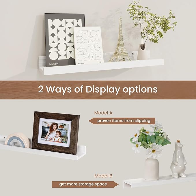 Fun Memories Picture Ledge Shelf, Solid Pine Wood Floating Shelves Set of 4, 16 Inches Nursery Book Shelves for Toys Storage,
