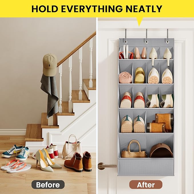 15 Pockets Over the Door Shoe Organizer, Shoe Rack for Closet Door with Large Breathable Pockets, Hanging Shoes Rack for Boot