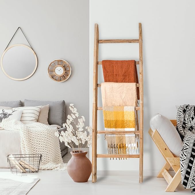 Blanket Ladder Shelf 6.4FT, 38 inch Wide Solid Wooden Blanket Ladder for Living Room, 6-Layer Farmhouse Rustic Towel Rack for