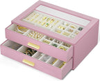 AKOZLIN Jewelry Box with Clear Lid Functional Leather Jewelry Storage Organizer Case 2 Drawers for Women Girls Necklace Ring 