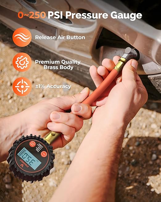 ETENWOLF T400 Digital Tire Pressure Gauge 0-250 PSI, ANSI B40.7 2A Grade High Precision(Plus-Minus 0.5%), Tire Gauge for Tire Pressure with Rubber Hose and Backlit LCD, Car Accessories