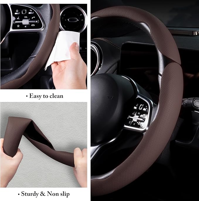 Car Steering Wheel Cover Leather Snap On 3Pcs Set Non-Slip Protector Wrap Steering Wheel Accessories 14.5-15 inch Universal B