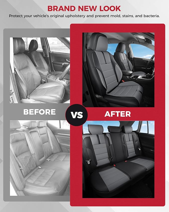 FREESOO Black Gray Car Seat Covers Full Set - Faux Nappa Leather Seat Covers for Cars, with Front Seatbelt Pads, Luxury Water