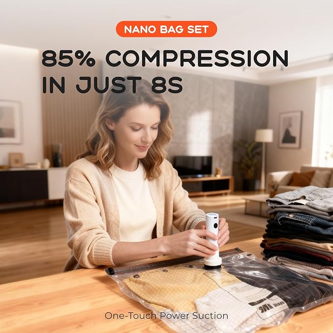 Vacuum Bags for Clothing with Rechargeable Air Pump, 10 Pack Vacuum Seal Bags for Travel, Space Saver Bags for Luggage and Su