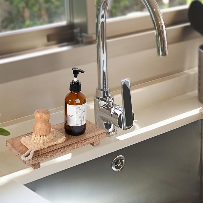 zoocatia Small Wood Tray Pedestal Stand Farmhouse Bathroom Decor Decorative Wooden Riser Kitchen Soap Dish Holder for Vanity,