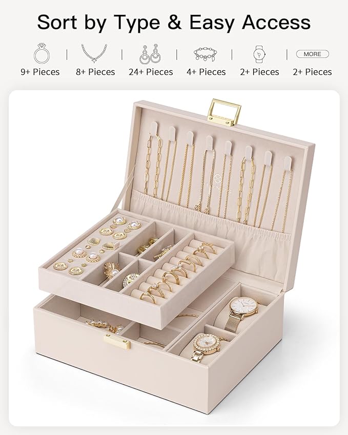 VLANDO 2 Layer Jewelry Boxes Large Jewelry Organizer for Women Removable Jewelery Tray for Watch Necklace Earrings Rings Brac