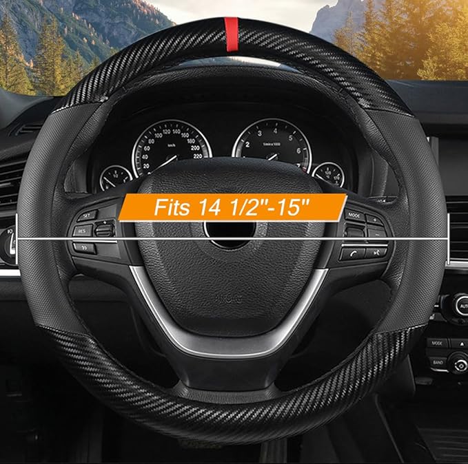 KAFEEK Car Steering Wheel Cover Men, Universal 15 inch, Microfiber Leather Carbon Fiber Black Steering Wheel Accessories, Ant