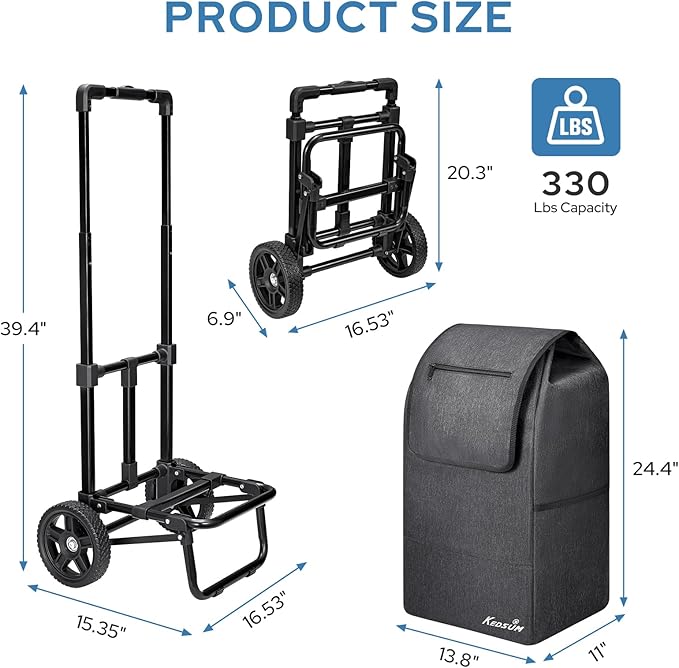 KEDSUM 2 in 1 Shopping Carts for Groceries, 330 lbs Grocery Cart on Wheels, Foldable Utility Carts with Wheels, Hand Truck with Waterproof Tote Bag for Shopping, School, Laundry, Craft Show, Black