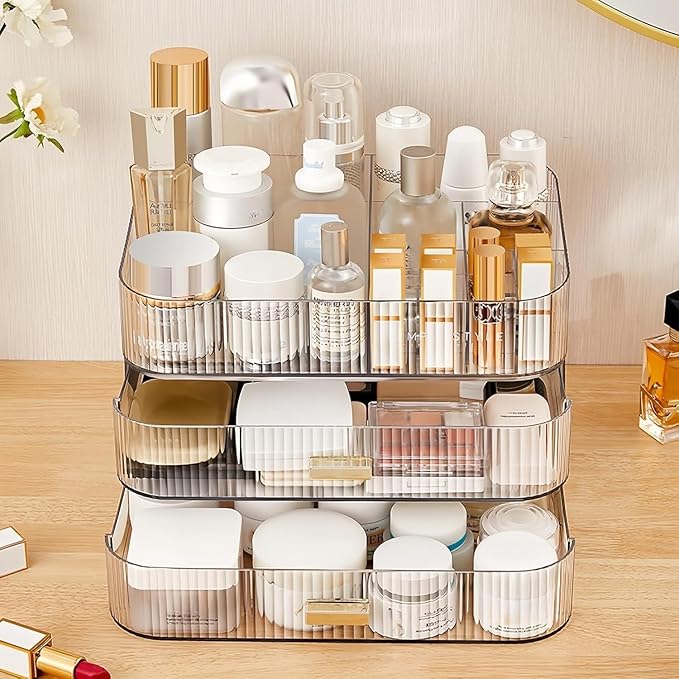 Clear Makeup Organizer for Vanity, Large Desk Organizer with Stackable Drawers for Cosmetics, Skincare, Lipsticks, Eyeshadow 