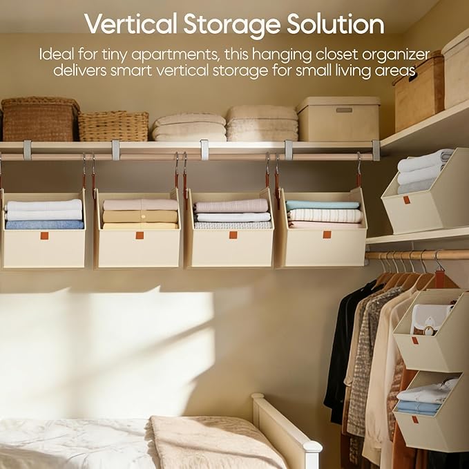 Homsorout Collapsible Hanging Closet Organizer - 3 Tier Closet Shelves Storage System with Hooks, Fabric Hanging Storage Bins