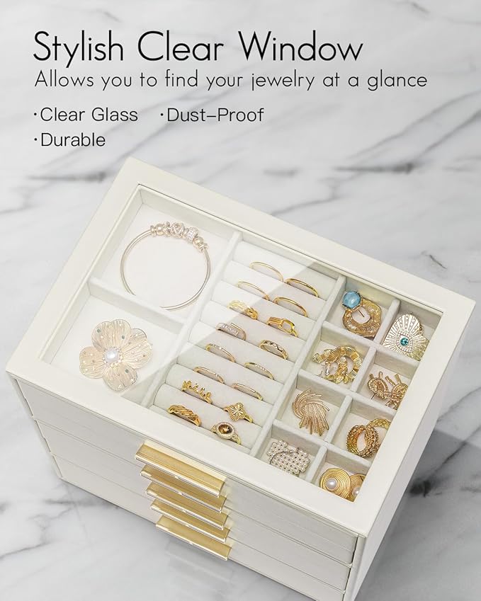 VLANDO 5 Layer Jewelry Box for Women, Glass Lid Jewelry Organizer with 5 Drawers for Necklaces Rings Earrings Bracelets - Clo