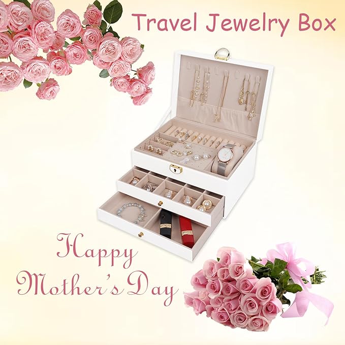3 Layer Jewelry Box Organizer with Drawers, Lockable PU Leather Jewelry Storage Case for Mothrer's Day gifts Necklace Earring